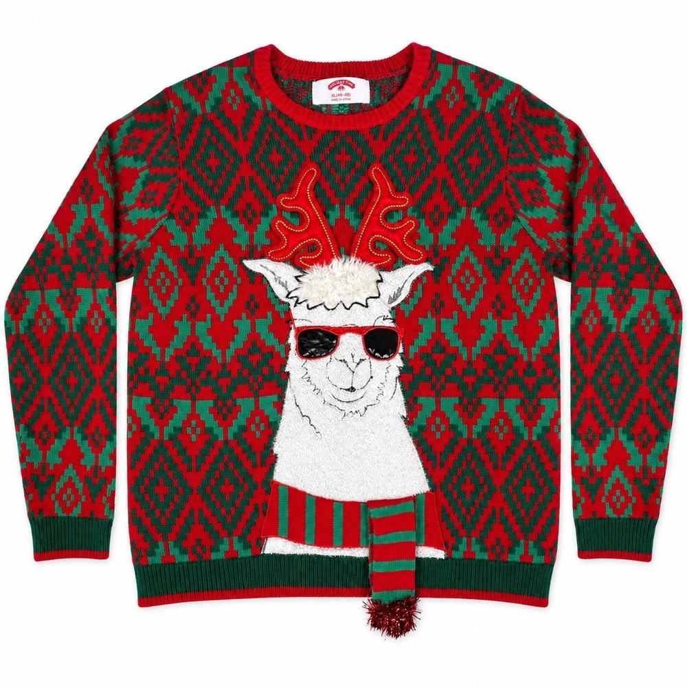 Holiday Time Mens XL Llama Sunglasses Ugly Christmas Sweater Red Green 46-48